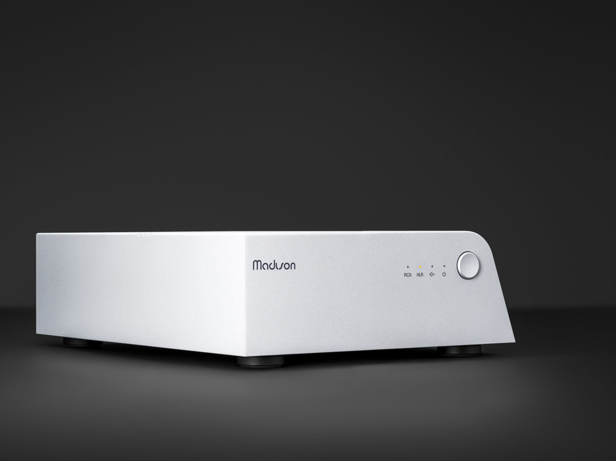 Wattson Audio Madison Amplifier in light grey, front three-quarter view