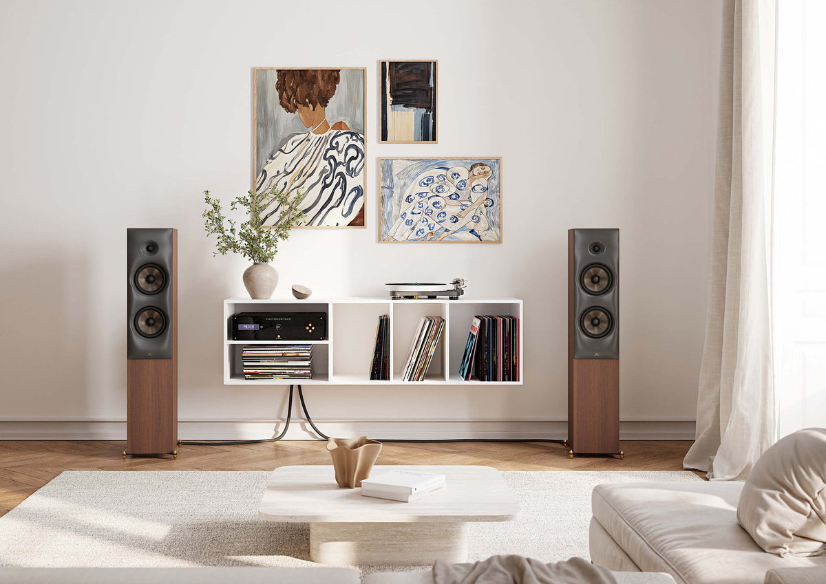 Pair of Revival Audio SPRINT 4 floorstanding speakers in Walnut in a listening room