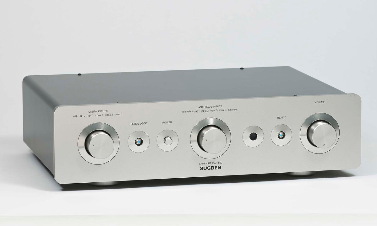 Sugden Sapphire DAP-800 digital analogue preamplifier in titanium, front view