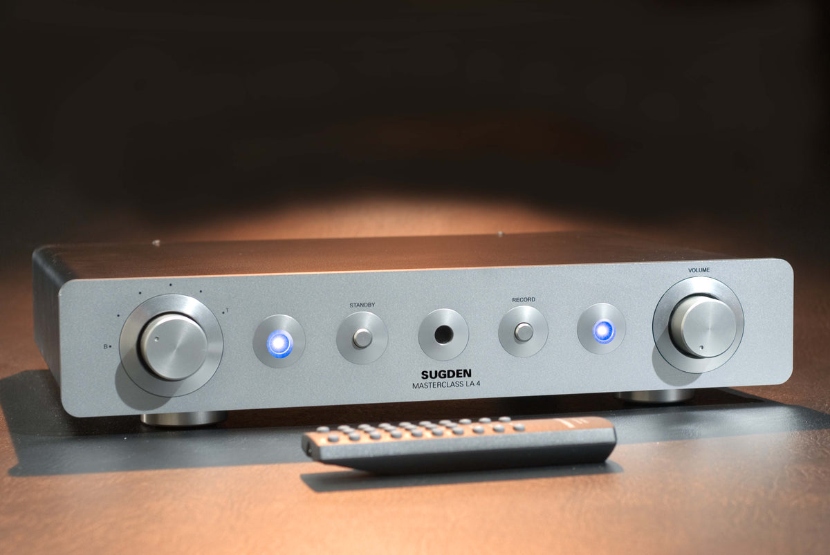 Sugden Masterclass LA-4 preamplifier in titanium, front view
