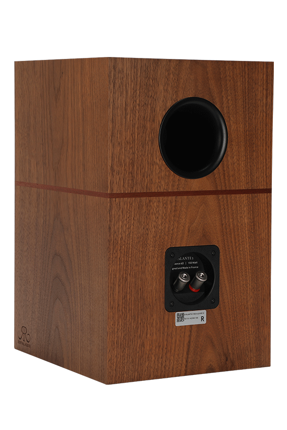 Revival Audio ATALANTE 3 bookshelf speaker in Walnut, rear view showing the port and terminals