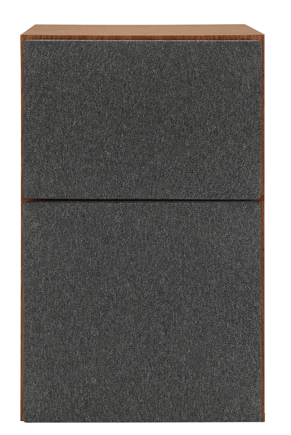 Revival Audio ATALANTE 3 bookshelf speaker in Walnut with its two-piece grille fitted