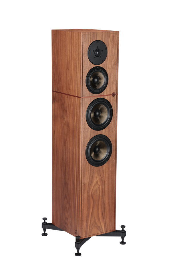 Revival Audio ATALANTE 4 floorstanding speaker in Walnut, three-quarter front view