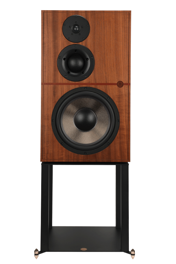 Revival Audio ATALANTE 5 Stand supporting an ATALANTE 5 speaker in Walnut, front view; speaker sold separately
