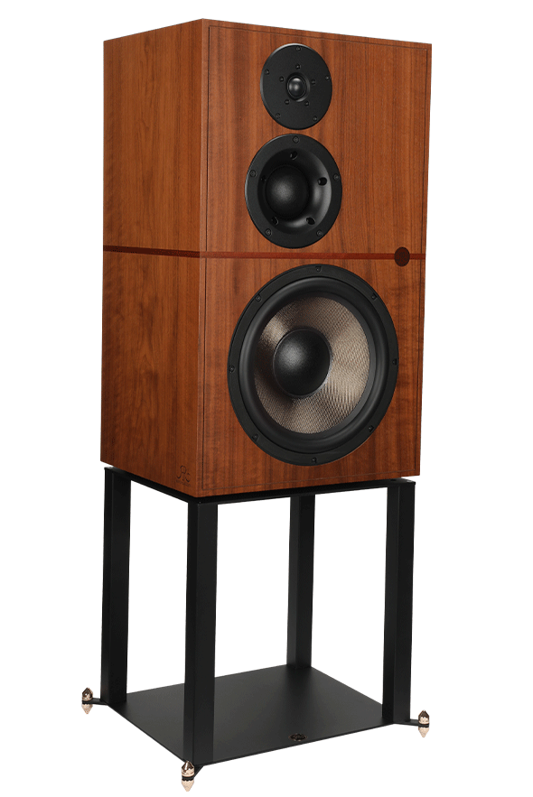 Revival Audio ATALANTE 5 Stand supporting an ATALANTE 5 speaker in Walnut, three-quarter view; speaker sold separately