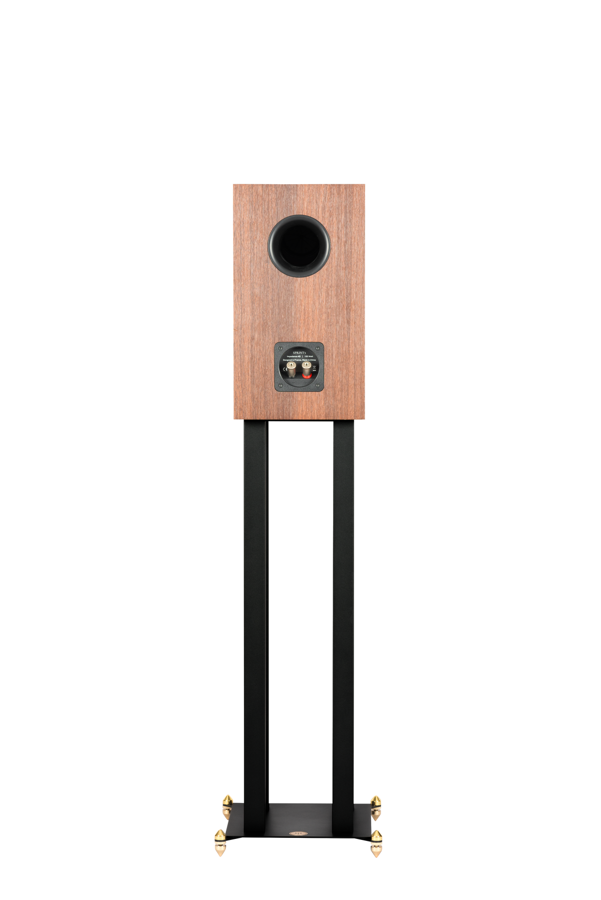Revival Audio SPRINT 3 in Walnut, rear view showing the port and terminals, shown on the optional stand; stand sold separately