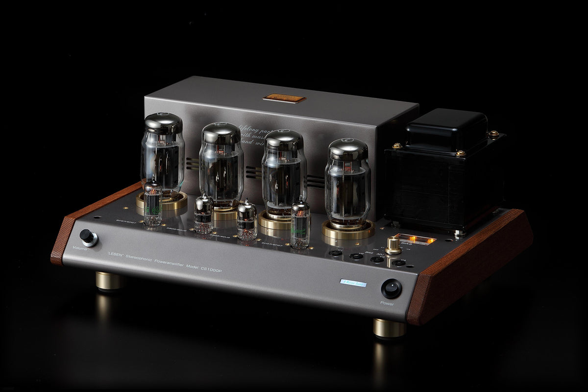Leben CS-1000P stereo power amplifier, front three-quarter view