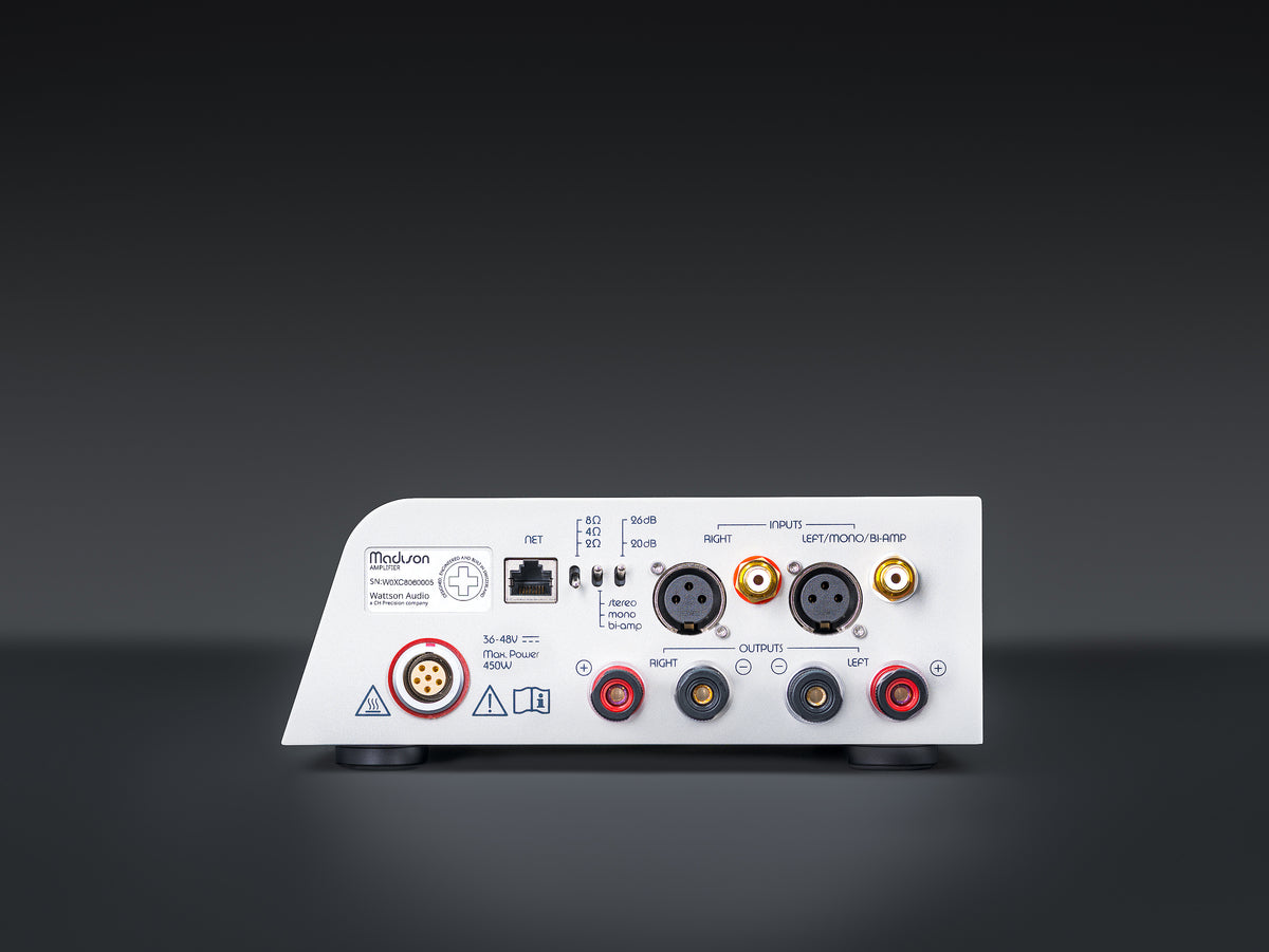 Wattson Audio Madison Amplifier in light grey, straight front view