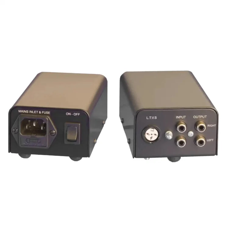Sugden A21SE Stage Two phono amplifier and external power supply, rear connections on a white background