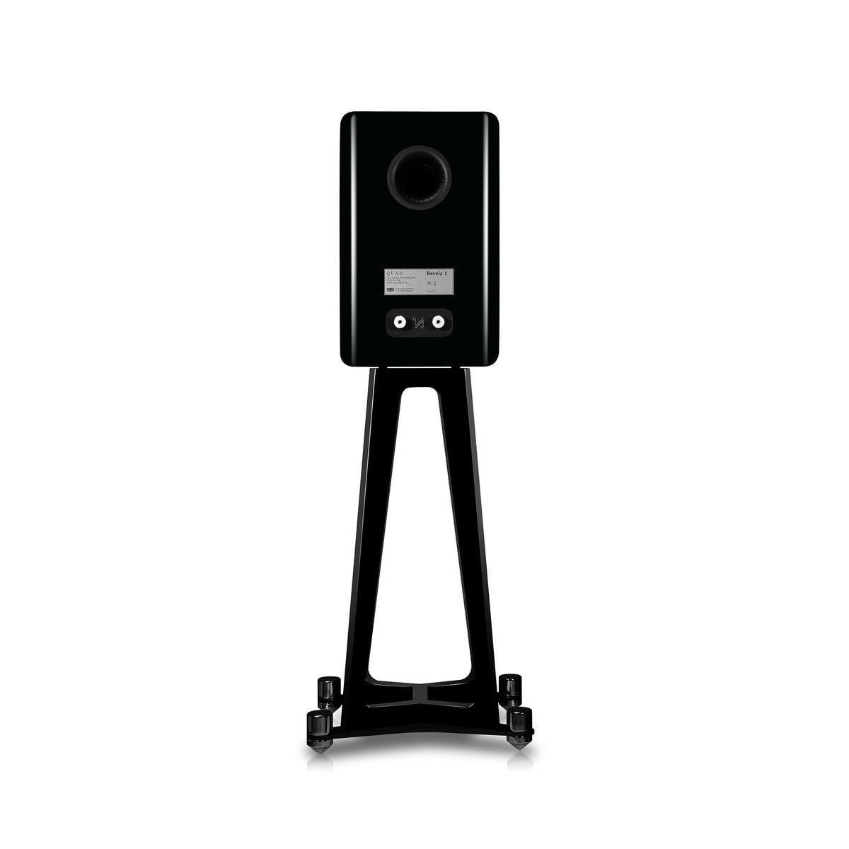 QUAD Revela 1 Speaker Stands - front view with Piano Black Revela 1 speaker
