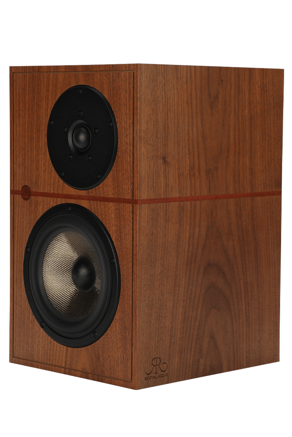 Revival Audio ATALANTE 3 bookshelf speaker in Walnut, three-quarter front view