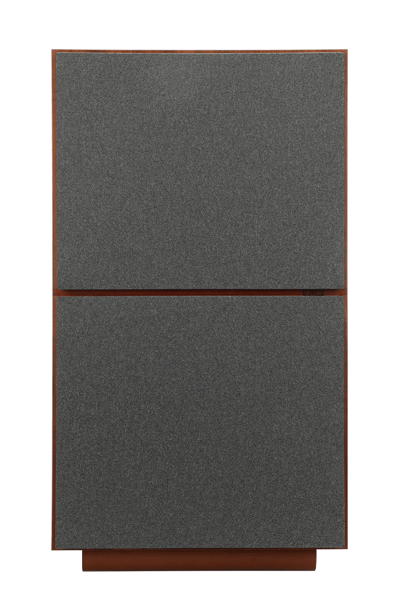 Revival Audio ATALANTE 5 loudspeaker in Walnut with its two-piece grille fitted