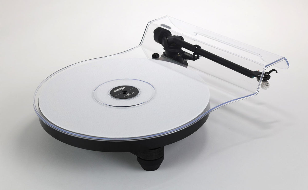 Rega Replay turntable with dustcover, alternate three-quarter view