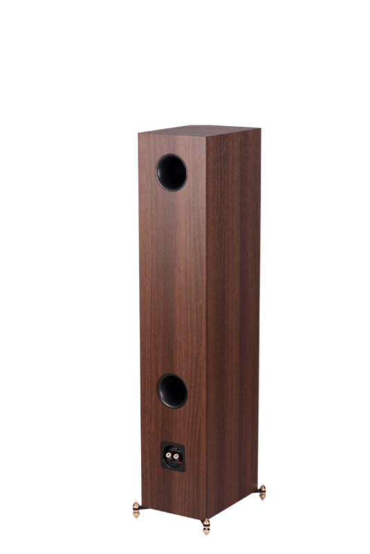 Revival Audio SPRINT 4 in Walnut, rear view showing the bass ports and terminals