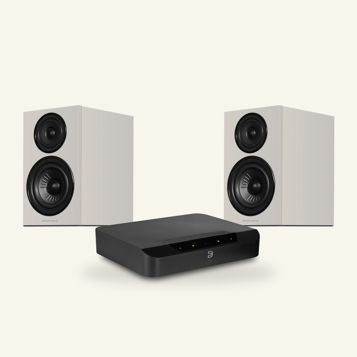 Compact Streaming System with Stone Grey Wharfedale DIAMOND 12.2i speakers and black Bluesound POWERNODE EDGE