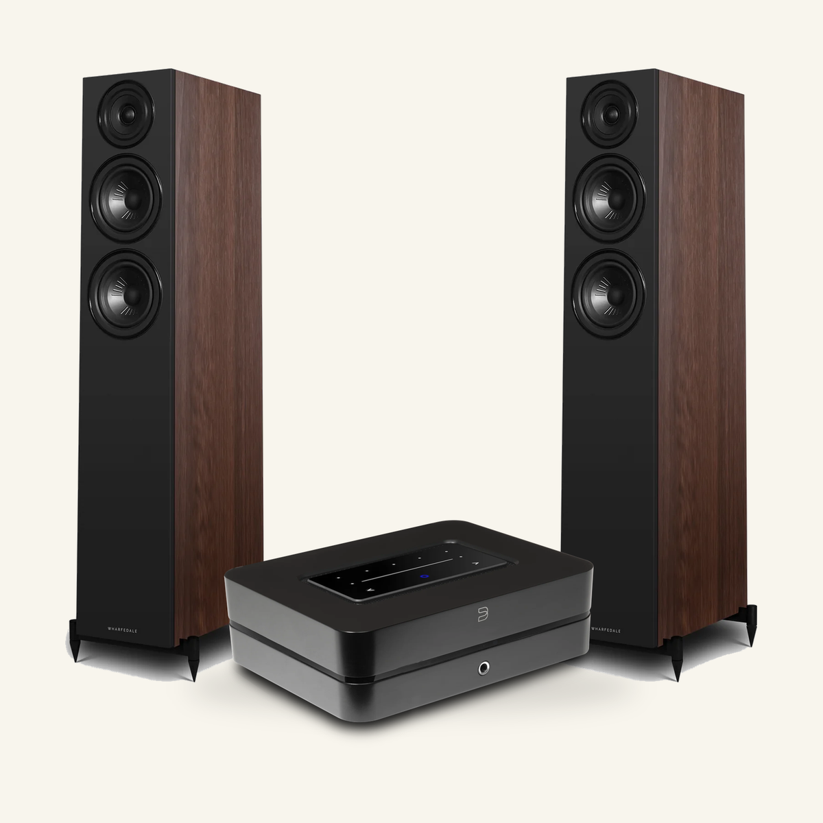 Everyday Streaming System with Classic Walnut Wharfedale DIAMOND 12.3i speakers and black Bluesound POWERNODE